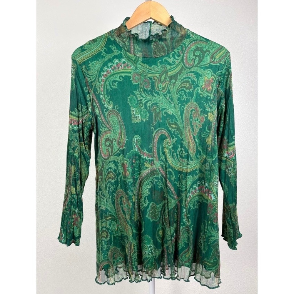 Soft Goth Green Paisley Blouse Mesh Mock Neck Lettuce Edge Long Sleeve Stretchy - Picture 8 of 8